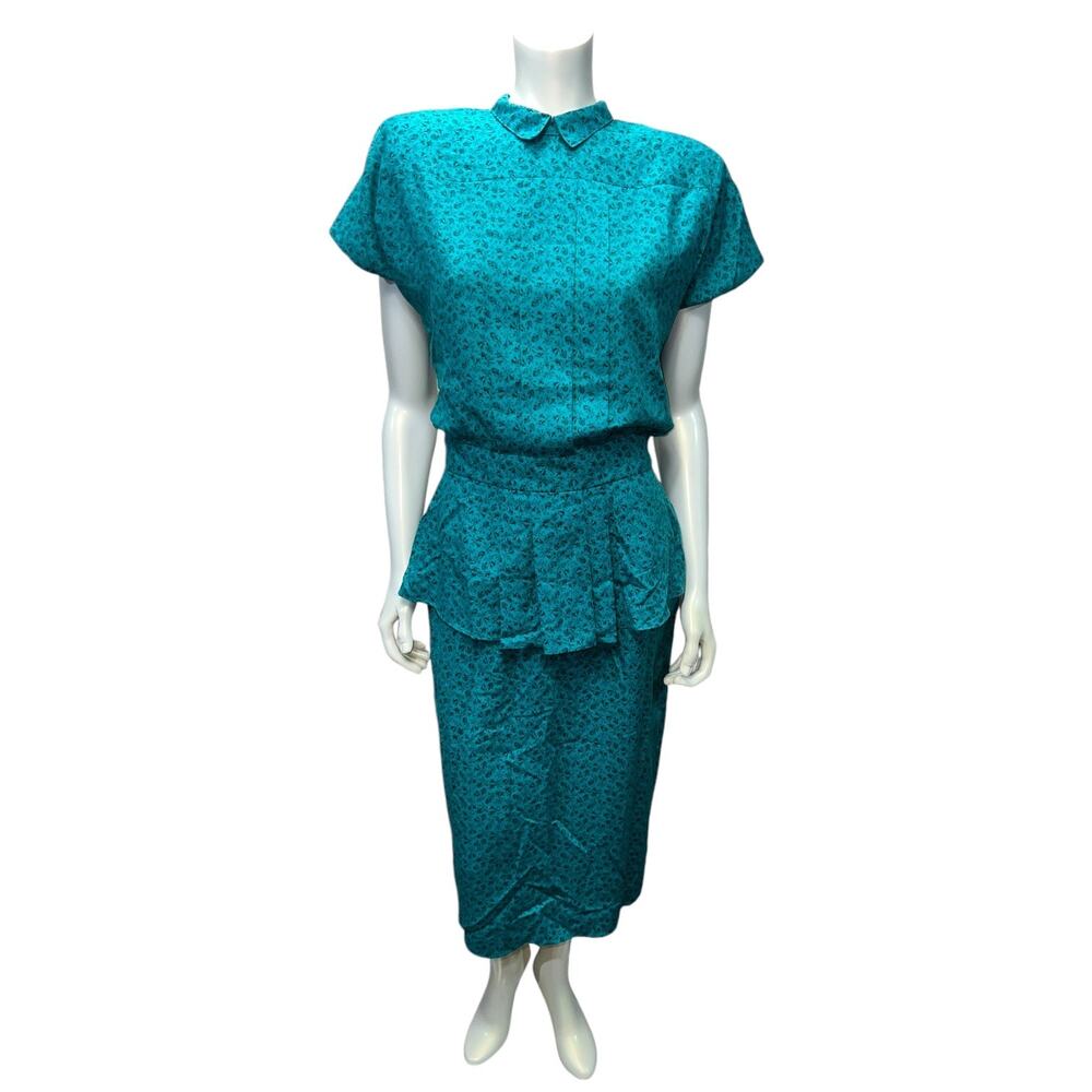 Fabrizio 90s Green Floral Peplum Pencil Dress Size 10 Vintage Occasion wear